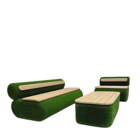 Cavara Collection – sculptural furniture set with artificial grass and wood finish