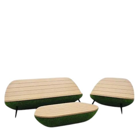 Mossea Collection – sculptural garden furniture set with artificial grass and wood finish
