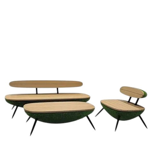 Linea Collection – modern sculptural furniture set with artificial grass and wood finish