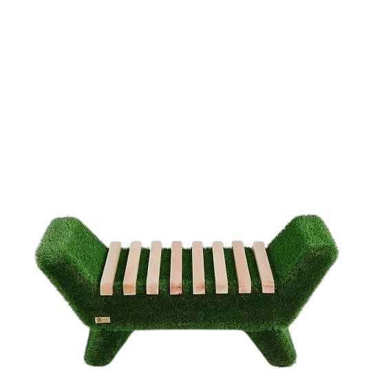 Arvore Bench – sculptural bench with Brazilian hardwood slats and grass base by Palatial Topiary