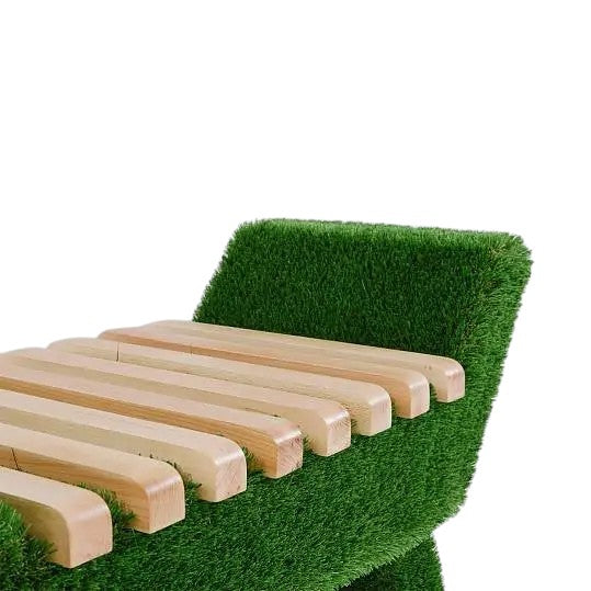 Arvore Bench – sculptural bench with Brazilian hardwood slats and grass base by Palatial Topiary