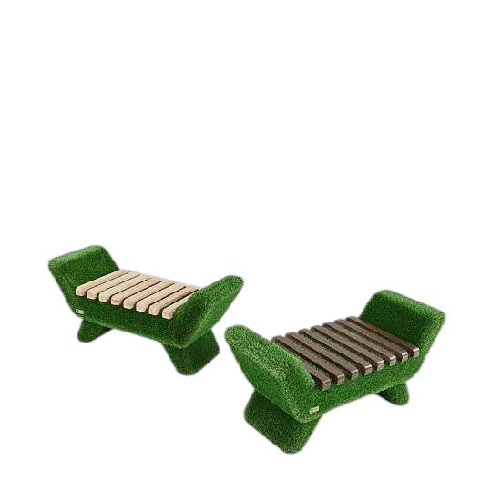 Arvore Bench – sculptural bench with Brazilian hardwood slats and grass base by Palatial Topiary