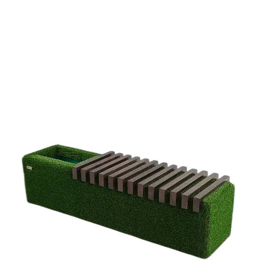 Plinto Planter Bench – sculptural outdoor bench with integrated planter and Brazilian hardwood by Palatial Topiary