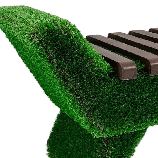 Arvore Bench – sculptural bench with Brazilian hardwood slats and grass base by Palatial Topiary