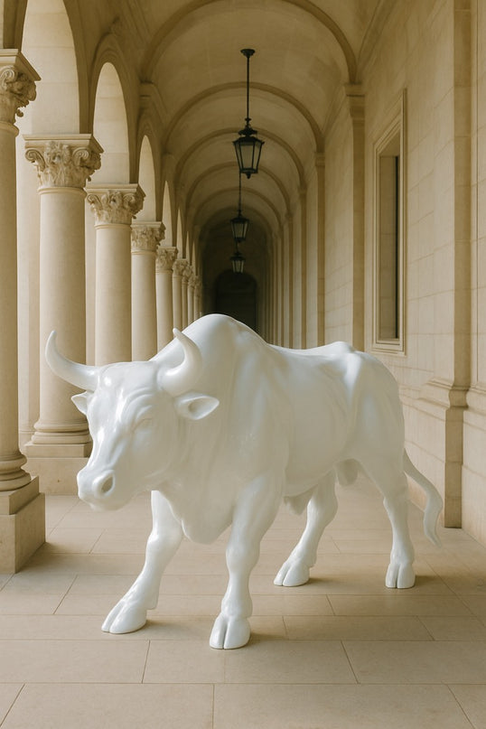 Studio Edition Corridor Bull sculpture in white fiberglass — life-size modern bull form without turf, designed for minimalist landscapes.