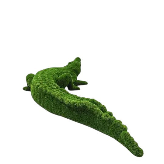 Dominion, a life-size crocodile topiary sculpture crafted in premium artificial grass, shown in a grounded pose for the Majestic Collection.
