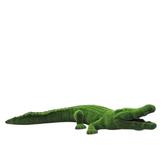Dominion, a life-size crocodile topiary sculpture crafted in premium artificial grass, shown in a grounded pose for the Majestic Collection.