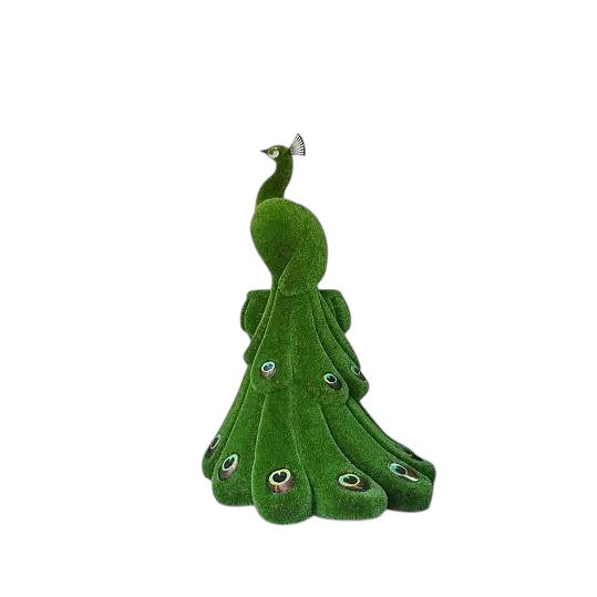 Majesty, a life-size peacock topiary sculpture perched on a vase, handcrafted in artificial grass as part of the Majestic Collection.