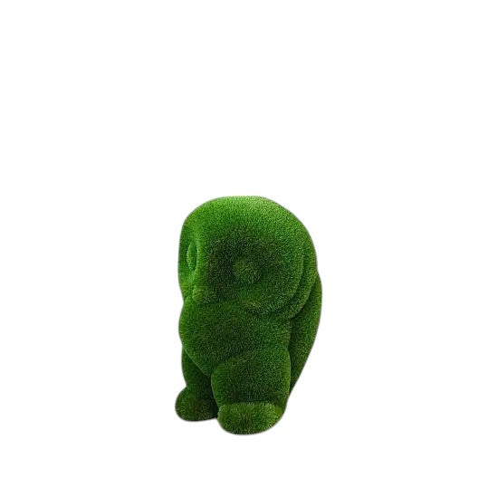 Lumen, a baby owl topiary sculpture in artificial grass, crafted as a delicate companion piece in the Celestial Collection.