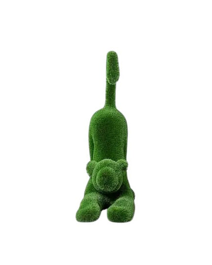 Aurelia, a baby lioness topiary sculpture in artificial grass, posed in a catlike stretch with tail lifted from the Majestic Collection.