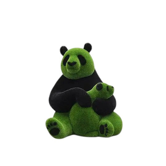 Lian, a life-size panda topiary sculpture in artificial grass, shown holding her cub in a sculptural embrace from the Grace Collection