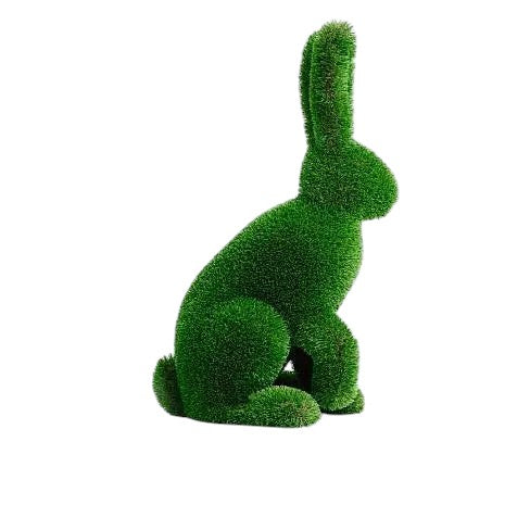 Luxury seated rabbit sculpture named Willow, handcrafted with premium artificial grass, posed in elegant repose for upscale garden décor.”

