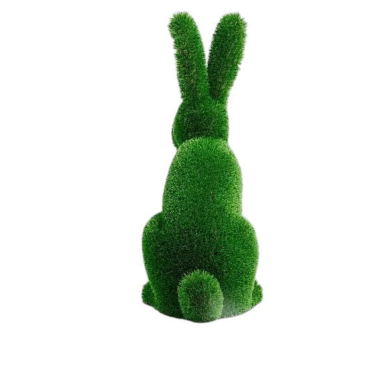 Luxury seated rabbit sculpture named Willow, handcrafted with premium artificial grass, posed in elegant repose for upscale garden décor.”

