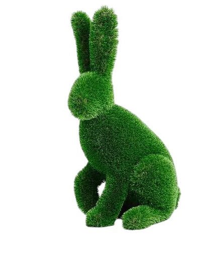 Luxury seated rabbit sculpture named Willow, handcrafted with premium artificial grass, posed in elegant repose for upscale garden décor.”

