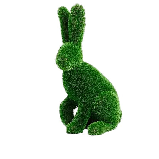 Luxury seated rabbit sculpture named Willow, handcrafted with premium artificial grass, posed in elegant repose for upscale garden décor.”

