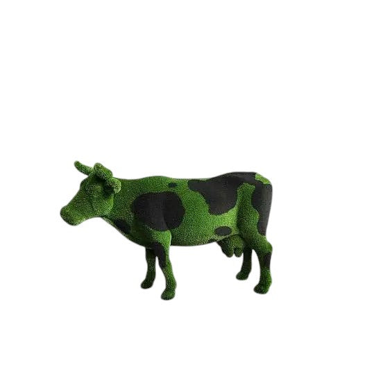 Luxury cow sculpture named Noirelle in black and green artificial grass, designed for bold outdoor landscape installations.