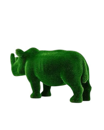 Titan, a life-size rhino topiary sculpture in artificial grass, showcasing bold form and sculptural presence from the Majestic Collection.