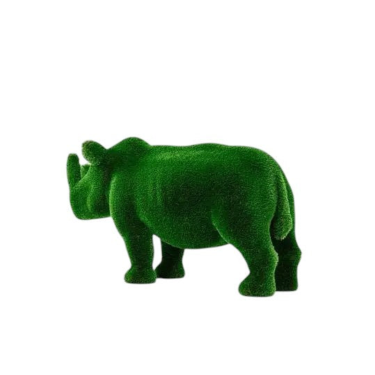 Titan, a life-size rhino topiary sculpture in artificial grass, showcasing bold form and sculptural presence from the Majestic Collection.