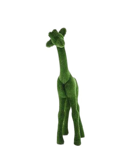 Small giraffe topiary sculpture in artificial grass.