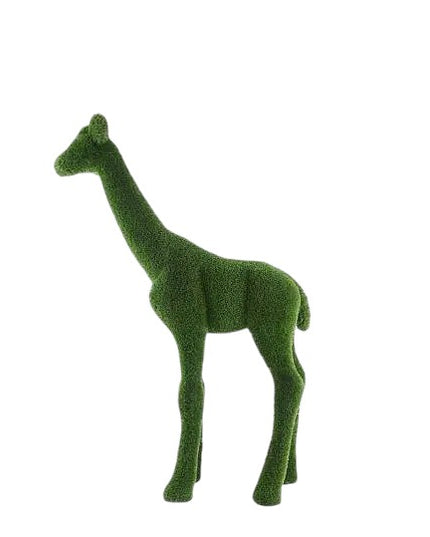 Small giraffe topiary sculpture in artificial grass.
