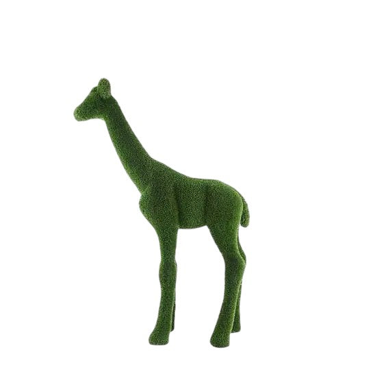 Small giraffe topiary sculpture in artificial grass.