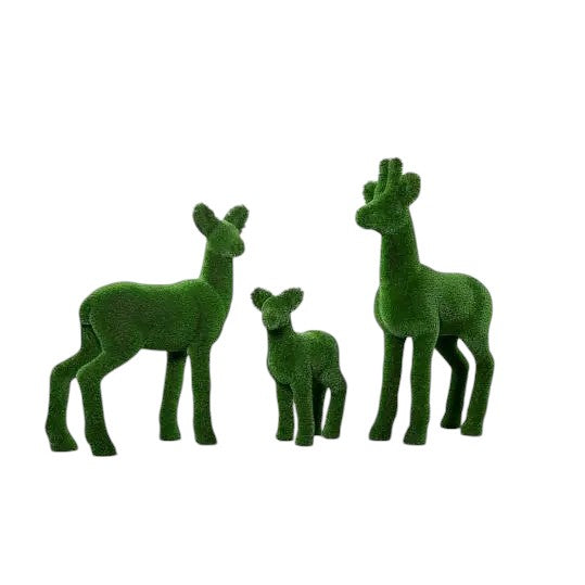 Roe Deer Trio – sculptural fawn, teenage, and adult animal topiary in botanical texture from the Grace Collection, designed for poetic landscape installations.