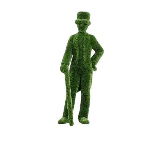 Topiary sculpture of a gentleman with cane, top hat, and tailcoat made of artificial grass

