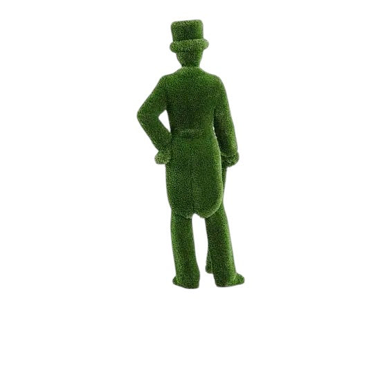 Topiary sculpture of a gentleman with cane, top hat, and tailcoat made of artificial grass

