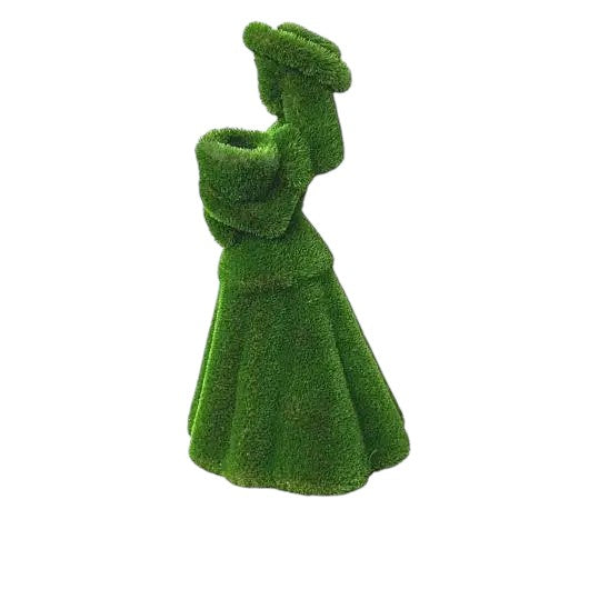 Topiary sculpture of flower girl wearing a summer hat and holding a bouquet, made of artificial grass


