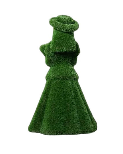 Topiary sculpture of flower girl wearing a summer hat and holding a bouquet, made of artificial grass

