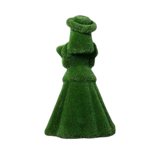 Topiary sculpture of flower girl wearing a summer hat and holding a bouquet, made of artificial grass

