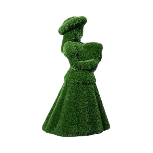 Topiary sculpture of flower girl wearing a summer hat and holding a bouquet, made of artificial grass

