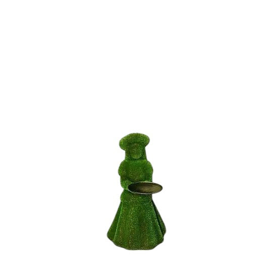 Topiary sculpture of girl in summer hat holding a serving tray, made of artificial grass

