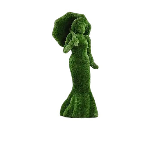 Topiary sculpture of lady in floor-length dress holding umbrella over shoulder, made of artificial grass

