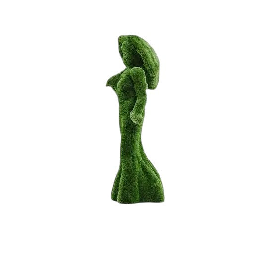 Topiary sculpture of lady in floor-length dress holding umbrella over shoulder, made of artificial grass


