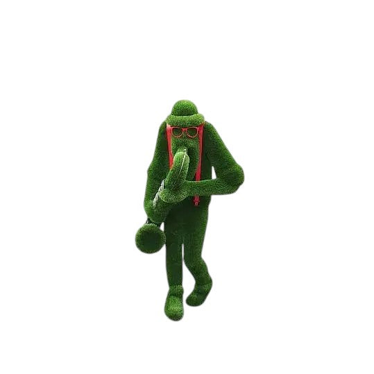 Saxophone player topiary sculpture with braces and sunglasses, hunched mid-performance

