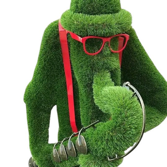 Saxophone player topiary sculpture with braces and sunglasses, hunched mid-performance

