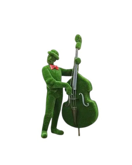 Bass player topiary sculpture wearing bow tie and hat, standing upright with bass

