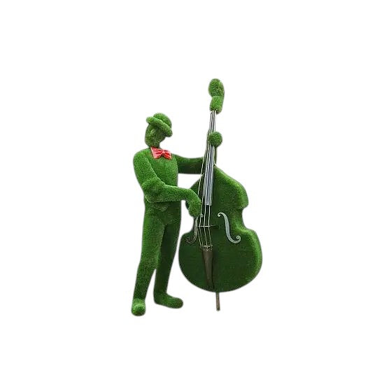 Bass player topiary sculpture wearing bow tie and hat, standing upright with bass

