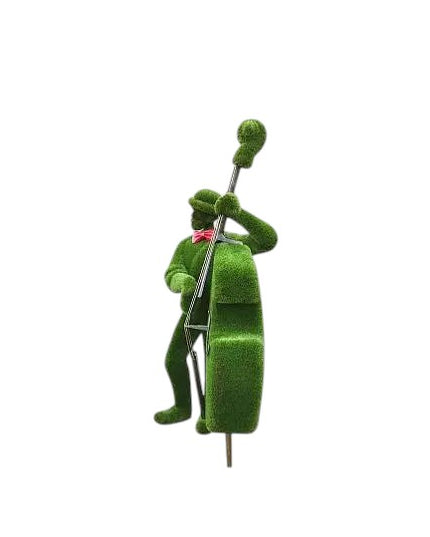 Bass player topiary sculpture wearing bow tie and hat, standing upright with bass

