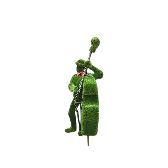 Bass player topiary sculpture wearing bow tie and hat, standing upright with bass

