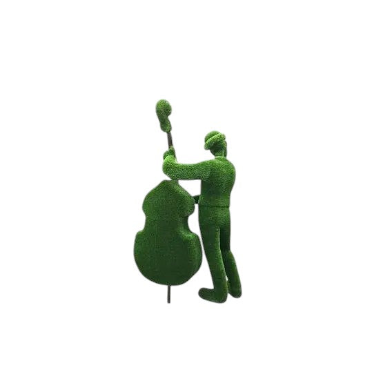 Bass player topiary sculpture wearing bow tie and hat, standing upright with bass

