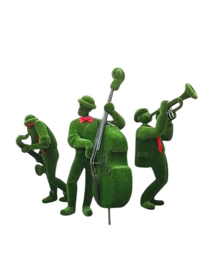 Jazz trio topiary sculpture set featuring trumpet, saxophone, and bass players in performance poses

