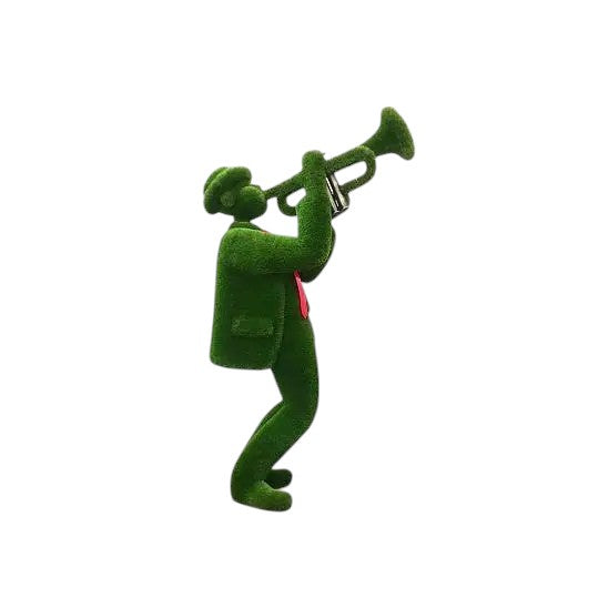 Trumpet player topiary sculpture in blazer and hat, playing upward into the sky

