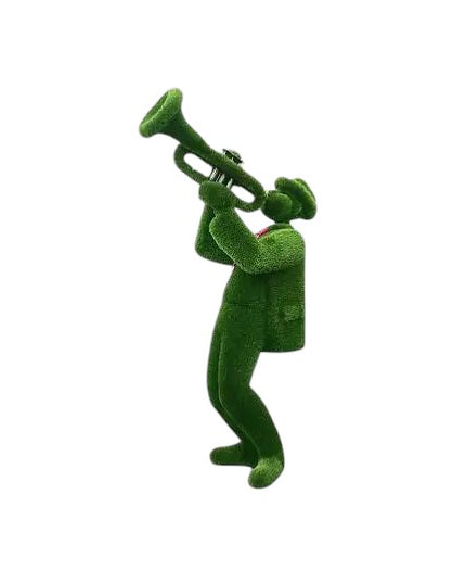 Trumpet player topiary sculpture in blazer and hat, playing upward into the sky

