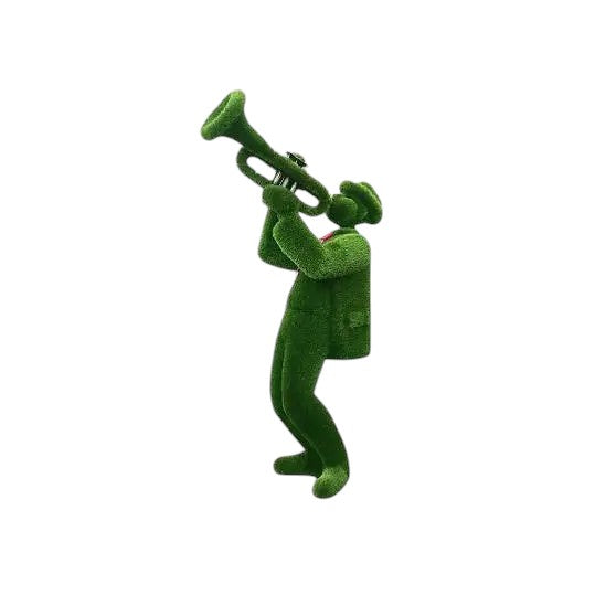Trumpet player topiary sculpture in blazer and hat, playing upward into the sky

