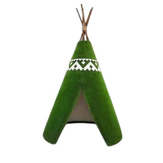 Teepee hut sculpture wrapped in artificial grass, designed as a botanical retreat

