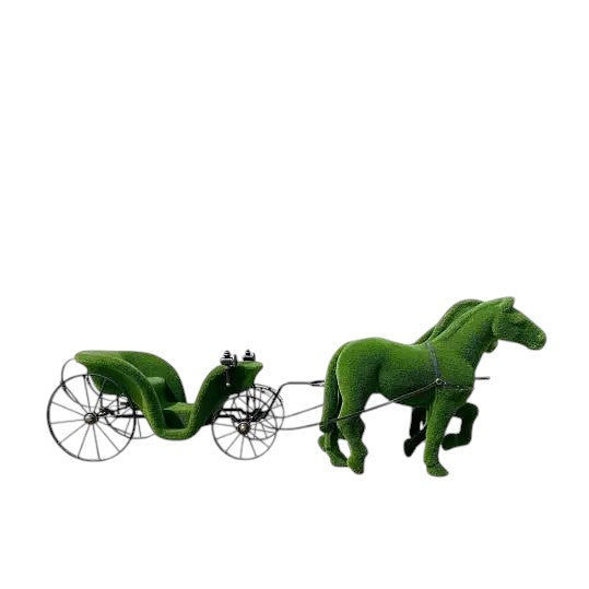 Three horse and carriage sculpture wrapped in artificial grass, luxury botanical installation

