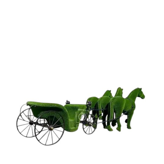 Three horse and carriage sculpture wrapped in artificial grass, luxury botanical installation

