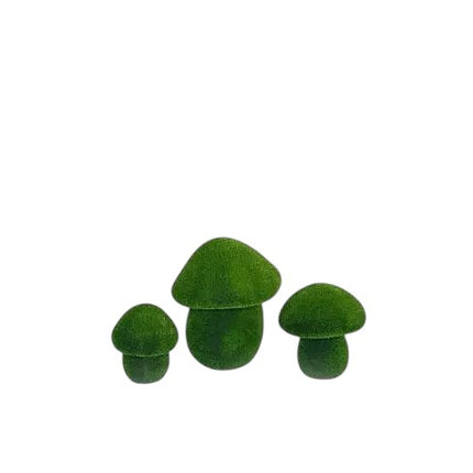 Porcini mushroom sculptures in small, medium, and large sizes wrapped in artificial grass, botanical topiary design

